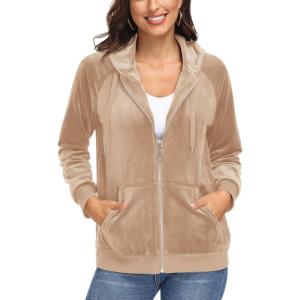 imageMAGCOMSEN Womens Velour Hooded Jacket Long Sleeve Full Zip Outerwear Soft Warm Velvet Jacket with Side PocketsLight Brown