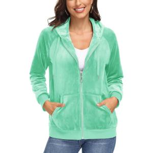imageMAGCOMSEN Womens Velour Hooded Jacket Long Sleeve Full Zip Outerwear Soft Warm Velvet Jacket with Side PocketsMint Green