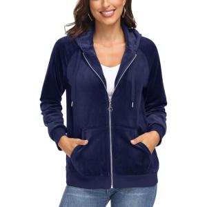 imageMAGCOMSEN Womens Velour Hooded Jacket Long Sleeve Full Zip Outerwear Soft Warm Velvet Jacket with Side PocketsNavy