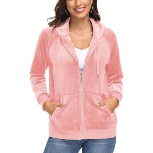 imageMAGCOMSEN Womens Velour Hooded Jacket Long Sleeve Full Zip Outerwear Soft Warm Velvet Jacket with Side PocketsPink