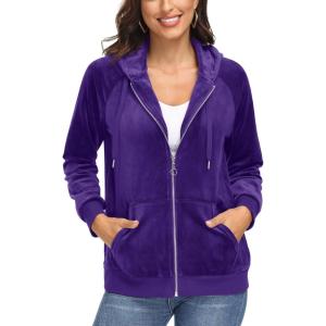 imageMAGCOMSEN Womens Velour Hooded Jacket Long Sleeve Full Zip Outerwear Soft Warm Velvet Jacket with Side PocketsPurple