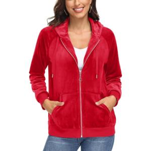 imageMAGCOMSEN Womens Velour Hooded Jacket Long Sleeve Full Zip Outerwear Soft Warm Velvet Jacket with Side PocketsRed
