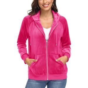 imageMAGCOMSEN Womens Velour Hooded Jacket Long Sleeve Full Zip Outerwear Soft Warm Velvet Jacket with Side PocketsRose