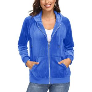 imageMAGCOMSEN Womens Velour Hooded Jacket Long Sleeve Full Zip Outerwear Soft Warm Velvet Jacket with Side PocketsSea Blue