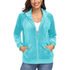 imageMAGCOMSEN Womens Velour Hooded Jacket Long Sleeve Full Zip Outerwear Soft Warm Velvet Jacket with Side PocketsWater Blue