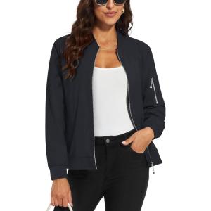 imageMAGCOMSEN Womens Jacket Lightweight Bomber Jackets 5 Pockets Windbreaker Zipup Casual Moto OutwearBlack