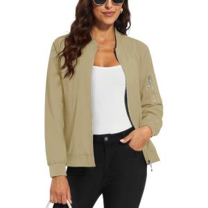 imageMAGCOMSEN Womens Jacket Lightweight Bomber Jackets 5 Pockets Windbreaker Zipup Casual Moto OutwearKhaki