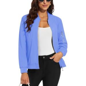 imageMAGCOMSEN Womens Jacket Lightweight Bomber Jackets 5 Pockets Windbreaker Zipup Casual Moto OutwearLight Blue