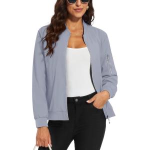 imageMAGCOMSEN Womens Jacket Lightweight Bomber Jackets 5 Pockets Windbreaker Zipup Casual Moto OutwearLight Grey