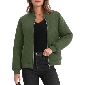imageMAGCOMSEN Womens Diamond Quilted Jackets Lightweight Casual Bomber Jacket Warm Cotton Padded Coats with 2 PocketsArmy Green