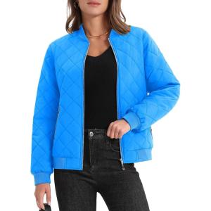 imageMAGCOMSEN Womens Diamond Quilted Jackets Lightweight Casual Bomber Jacket Warm Cotton Padded Coats with 2 PocketsAzure Blue