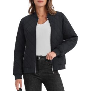 imageMAGCOMSEN Womens Diamond Quilted Jackets Lightweight Casual Bomber Jacket Warm Cotton Padded Coats with 2 PocketsBlack