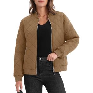 imageMAGCOMSEN Womens Diamond Quilted Jackets Lightweight Casual Bomber Jacket Warm Cotton Padded Coats with 2 PocketsBrown