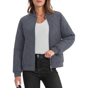 imageMAGCOMSEN Womens Diamond Quilted Jackets Lightweight Casual Bomber Jacket Warm Cotton Padded Coats with 2 PocketsDark Grey