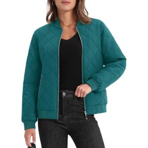 imageMAGCOMSEN Womens Diamond Quilted Jackets Lightweight Casual Bomber Jacket Warm Cotton Padded Coats with 2 PocketsEmerald Green