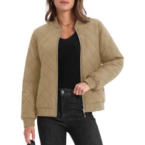 imageMAGCOMSEN Womens Diamond Quilted Jackets Lightweight Casual Bomber Jacket Warm Cotton Padded Coats with 2 PocketsKhaki