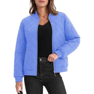 imageMAGCOMSEN Womens Diamond Quilted Jackets Lightweight Casual Bomber Jacket Warm Cotton Padded Coats with 2 PocketsLight Blue