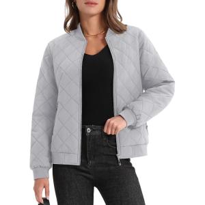 imageMAGCOMSEN Womens Diamond Quilted Jackets Lightweight Casual Bomber Jacket Warm Cotton Padded Coats with 2 PocketsLight Grey