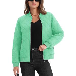 imageMAGCOMSEN Womens Diamond Quilted Jackets Lightweight Casual Bomber Jacket Warm Cotton Padded Coats with 2 PocketsMint Green