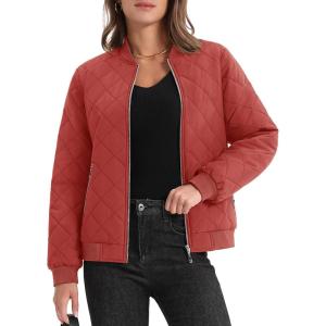 imageMAGCOMSEN Womens Diamond Quilted Jackets Lightweight Casual Bomber Jacket Warm Cotton Padded Coats with 2 PocketsOrange Red
