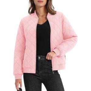 imageMAGCOMSEN Womens Diamond Quilted Jackets Lightweight Casual Bomber Jacket Warm Cotton Padded Coats with 2 PocketsSakura Pink