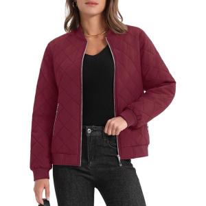 imageMAGCOMSEN Womens Diamond Quilted Jackets Lightweight Casual Bomber Jacket Warm Cotton Padded Coats with 2 PocketsWine Red
