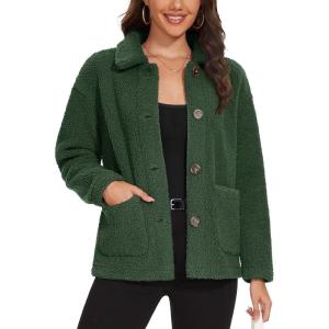 imageMAGCOMSEN Womens Sherpa Fleece Jackets Fuzzy Warm Winter Jackets Button Down Coat Long Sleeve Outwear with PocketsArmy Green