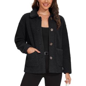 imageMAGCOMSEN Womens Sherpa Fleece Jackets Fuzzy Warm Winter Jackets Button Down Coat Long Sleeve Outwear with PocketsBlack