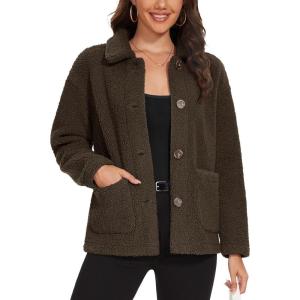 imageMAGCOMSEN Womens Sherpa Fleece Jackets Fuzzy Warm Winter Jackets Button Down Coat Long Sleeve Outwear with PocketsBrown