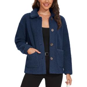 imageMAGCOMSEN Womens Sherpa Fleece Jackets Fuzzy Warm Winter Jackets Button Down Coat Long Sleeve Outwear with PocketsDark Blue