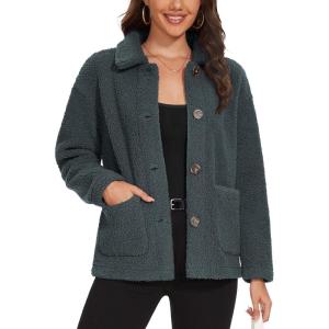 imageMAGCOMSEN Womens Sherpa Fleece Jackets Fuzzy Warm Winter Jackets Button Down Coat Long Sleeve Outwear with PocketsDark Gray