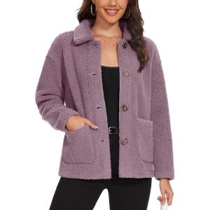 imageMAGCOMSEN Womens Sherpa Fleece Jackets Fuzzy Warm Winter Jackets Button Down Coat Long Sleeve Outwear with PocketsGrey Purple