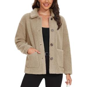 imageMAGCOMSEN Womens Sherpa Fleece Jackets Fuzzy Warm Winter Jackets Button Down Coat Long Sleeve Outwear with PocketsKhaki