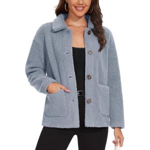 imageMAGCOMSEN Womens Sherpa Fleece Jackets Fuzzy Warm Winter Jackets Button Down Coat Long Sleeve Outwear with PocketsLight Gray