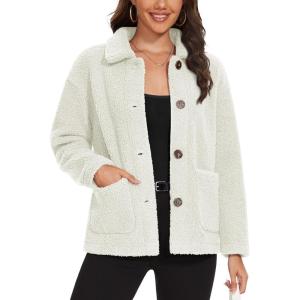 imageMAGCOMSEN Womens Sherpa Fleece Jackets Fuzzy Warm Winter Jackets Button Down Coat Long Sleeve Outwear with PocketsOffwhite