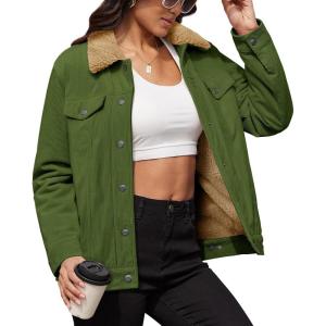 imageMAGCOMSEN Womens Corduroy Jacket Sherpa Fleece Lined Warm Winter Coat Button Down Casual Jacket with PocketsArmy Green