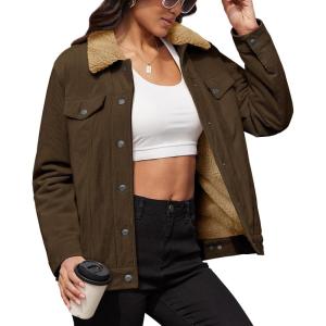 imageMAGCOMSEN Womens Corduroy Jacket Sherpa Fleece Lined Warm Winter Coat Button Down Casual Jacket with PocketsCoffee