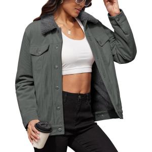 imageMAGCOMSEN Womens Corduroy Jacket Sherpa Fleece Lined Warm Winter Coat Button Down Casual Jacket with PocketsDark Grey