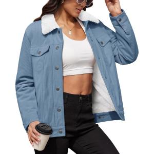 imageMAGCOMSEN Womens Corduroy Jacket Sherpa Fleece Lined Warm Winter Coat Button Down Casual Jacket with PocketsLight Blue