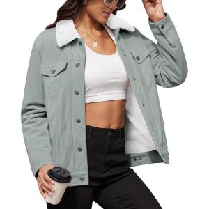 imageMAGCOMSEN Womens Corduroy Jacket Sherpa Fleece Lined Warm Winter Coat Button Down Casual Jacket with PocketsLight Grey