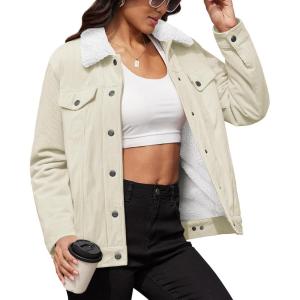imageMAGCOMSEN Womens Corduroy Jacket Sherpa Fleece Lined Warm Winter Coat Button Down Casual Jacket with PocketsWhite