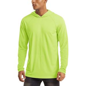 imageMAGCOMSEN Mens Hooded UPF 50 Sun Protection T Shirts Long Sleeve Athletic Fishing Shirts Rash GuardsFluorescent Green