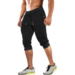 imageMAGCOMSEN Mens 34 Joggers Capri Pants with Zipper Pockets Slim Fit Training Running Workout Capri JoggersBlack