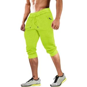 imageMAGCOMSEN Mens 34 Joggers Capri Pants with Zipper Pockets Slim Fit Training Running Workout Capri JoggersFluorescent Green