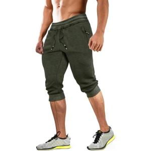 imageMAGCOMSEN Mens 34 Joggers Capri Pants with Zipper Pockets Slim Fit Training Running Workout Capri JoggersGreen