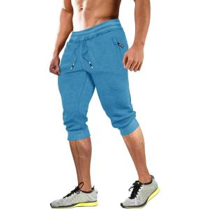 imageMAGCOMSEN Mens 34 Joggers Capri Pants with Zipper Pockets Slim Fit Training Running Workout Capri JoggersIce Blue