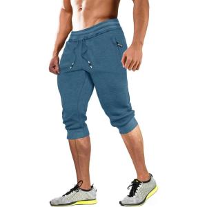 imageMAGCOMSEN Mens 34 Joggers Capri Pants with Zipper Pockets Slim Fit Training Running Workout Capri JoggersIndigo Blue