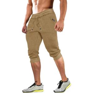 imageMAGCOMSEN Mens 34 Joggers Capri Pants with Zipper Pockets Slim Fit Training Running Workout Capri JoggersKhaki