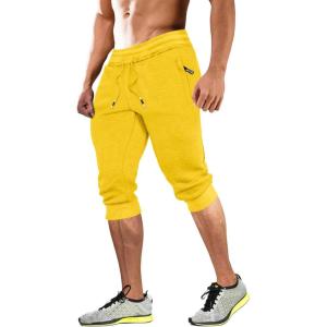 imageMAGCOMSEN Mens 34 Joggers Capri Pants with Zipper Pockets Slim Fit Training Running Workout Capri JoggersLight Yellow