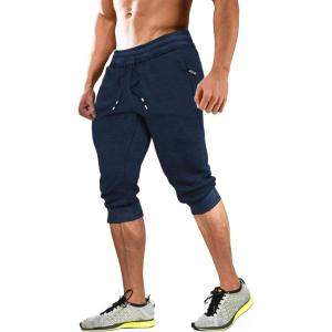 imageMAGCOMSEN Mens 34 Joggers Capri Pants with Zipper Pockets Slim Fit Training Running Workout Capri JoggersNavy